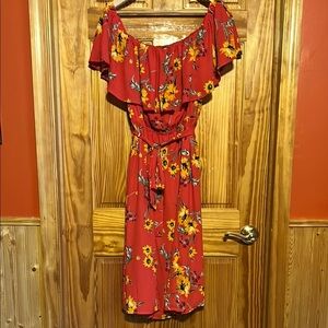 Express Red Floral Off-Shoulder Midi Dress